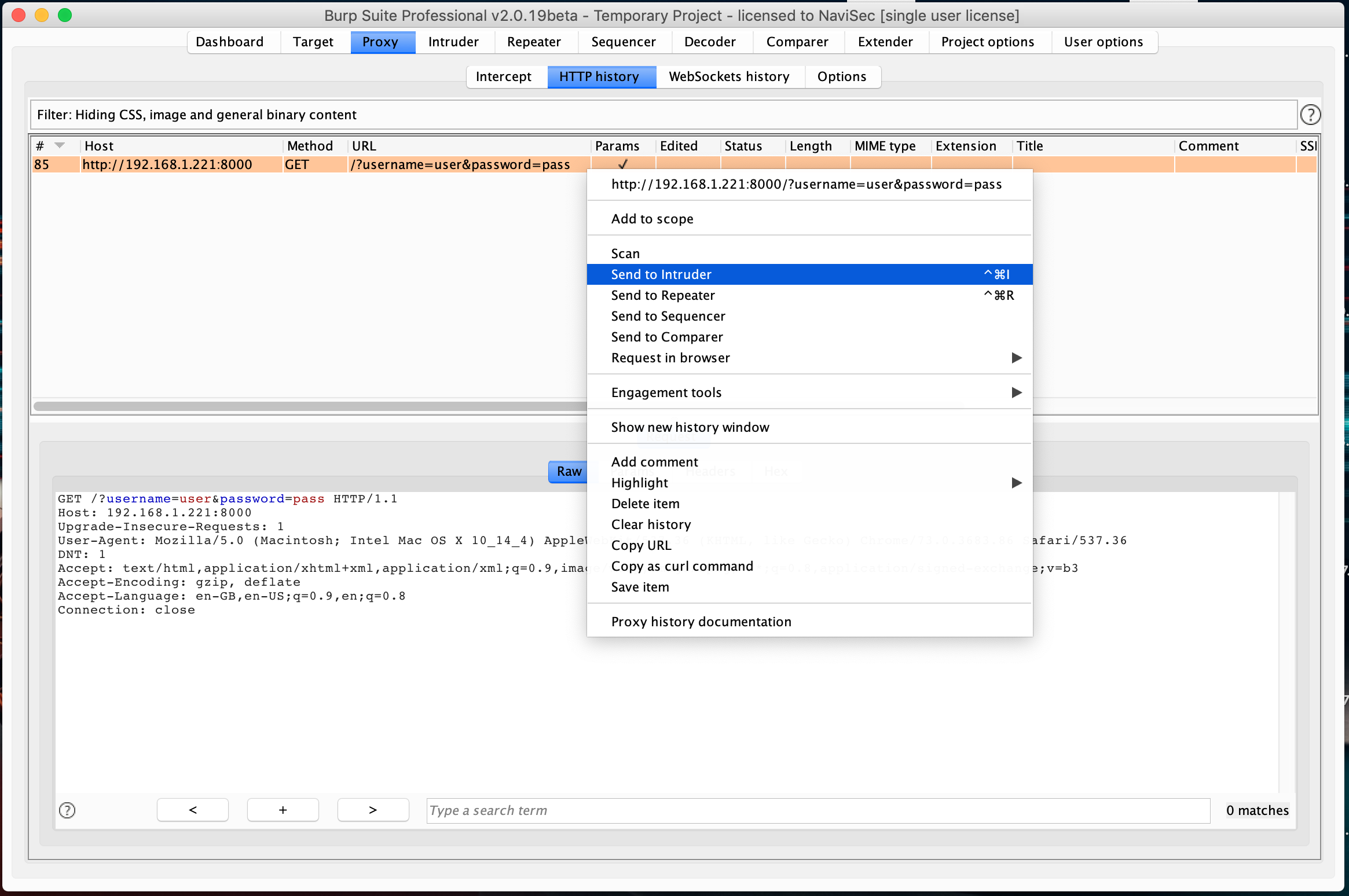 Sending to Burp Suite Intruder